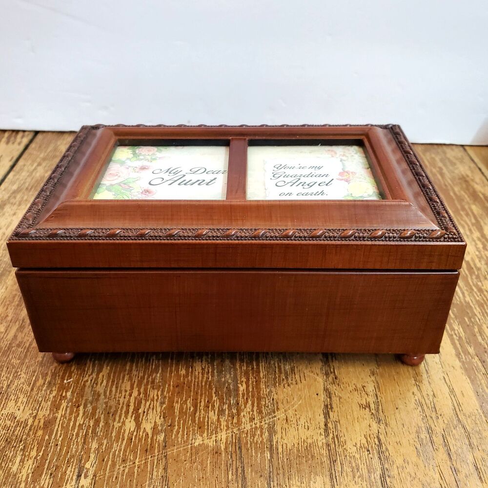 Sankyo Wooden Musical Jewelry Trinket Box Inlaid Picture Frame Lid Ave Maria